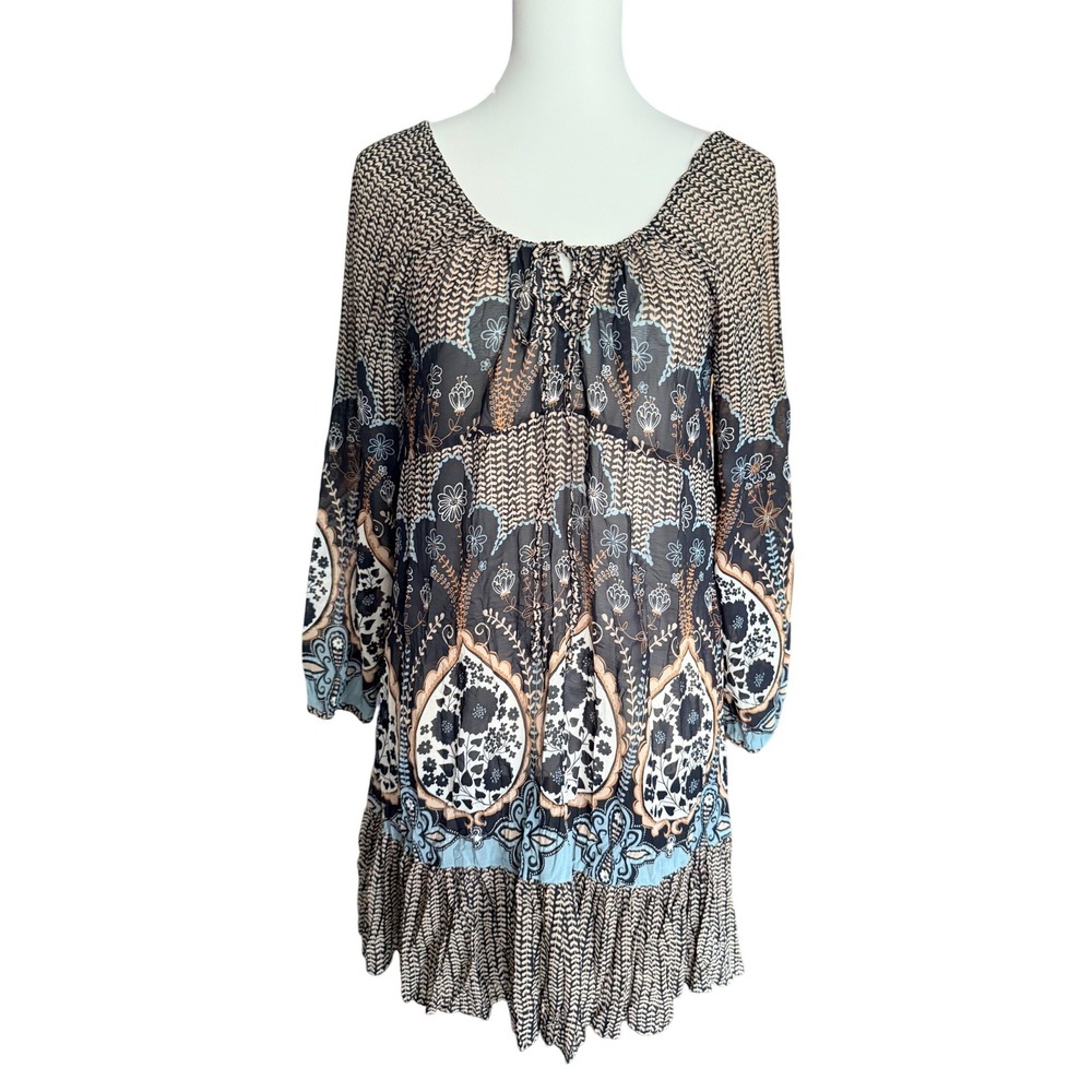 Boho Mixed Paisley Floral Print Ruffle Hem Tunic Top Black Blue Tan Tie Neck‎